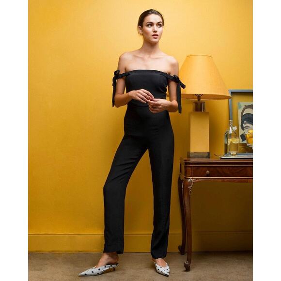 NWT STAUD Rosa Jumpsuit Black Crepe Size 2 Straight Leg Lightweight Off Shoulder - Picture 1 of 16